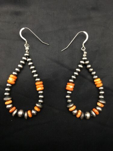 Native American Spiny Oyster Bead Earrings | Navajo Sterling Silver | 2" | 4341