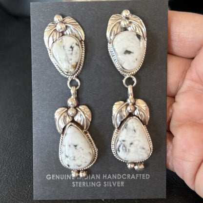 Navajo White Buffalo Turquoise Dangle Earrings | Sterling Silver | 2.5" | Authentic Native American Handmade | 14740