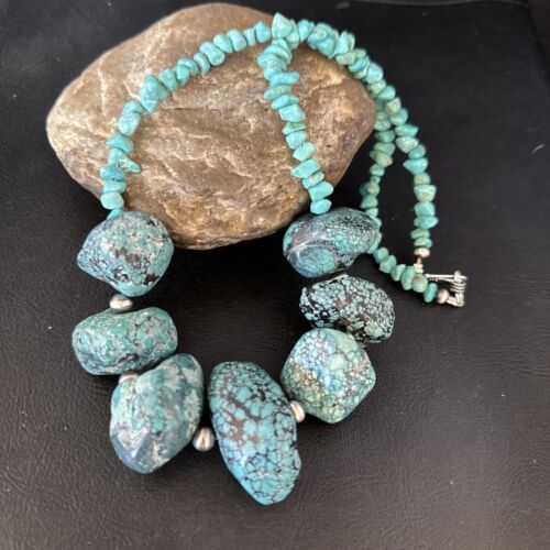 Navajo Chunky Blue Turquoise Nugget Necklace | Sterling Silver | Authentic Native American Handmade | 20" | 14417