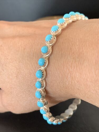 Sterling Silver Blue Kingman Turquoise Cuff Bracelet Bangle | 9.5" | Authentic Native American Handmade | 12316