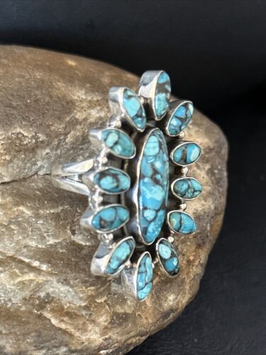 Navajo Blue Turquoise Cluster Ring | Authentic Native American Sterling Silver | Multi-Stone | Sz 6.5 | 14227