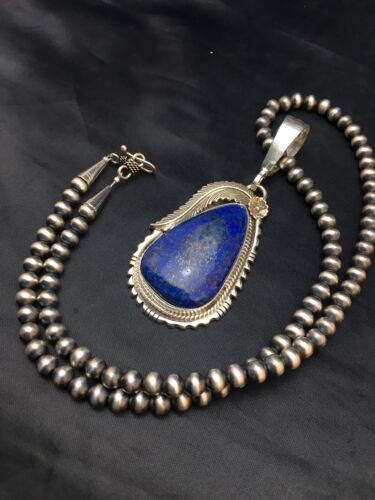 Navajo Lapis Pendant Necklace | Sterling Silver Pearls | Authentic Native American Handmade | 1005