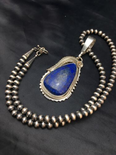 Navajo Lapis Pendant Necklace | Sterling Silver Pearls | Authentic Native American Handmade | 1005 - Masha USA