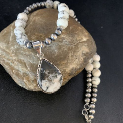 Men's Navajo White Buffalo Turquoise Pendant Necklace | Sterling Silver | Authentic Native American Handmade | 13833