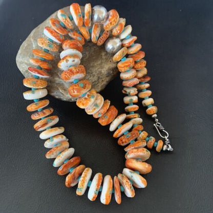 Navajo Turquoise & Orange Spiny Oyster Necklace | Sterling Silver | Authentic Native American | Graduated | 24" | 12733