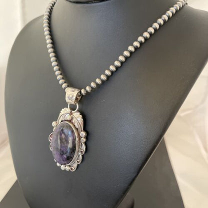 Native American Men's Necklace | Sterling Silver Navajo Pearls with Sugilite Pendant | 1523 - Masha USA