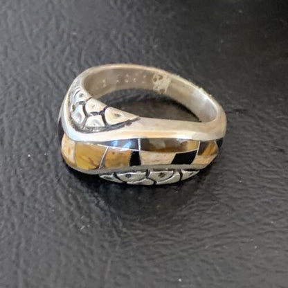 Navajo Black Onyx Coffee Tigers Eye Inlay Ring | Sterling Silver | Sz 6.5 | 10737