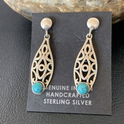 Navajo Blue Turquoise Dangle Post Earrings | Sterling Silver | 1" | Authentic Native American Handmade | 12759