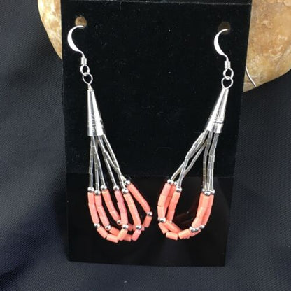 Native American Liquid Silver Heishi Dangle Earrings | Pink Coral | Sterling Silver | 2" | 2029