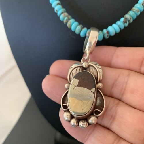 Navajo Blue Turquoise Sterling Silver Necklace | Pyrites Pendant | Southwestern 01393