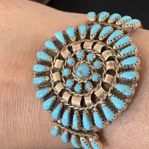 Navajo Old Pawn Zuni Blue Turquoise Cuff Bracelet | Sterling Silver | Authentic Native American Handmade | 12836