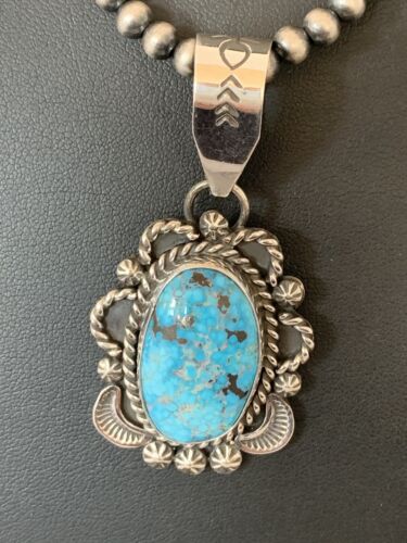 Navajo Sterling Silver Necklace with Spiderweb Kingman Turquoise Pendant | Authentic Native American Handmade | 00689