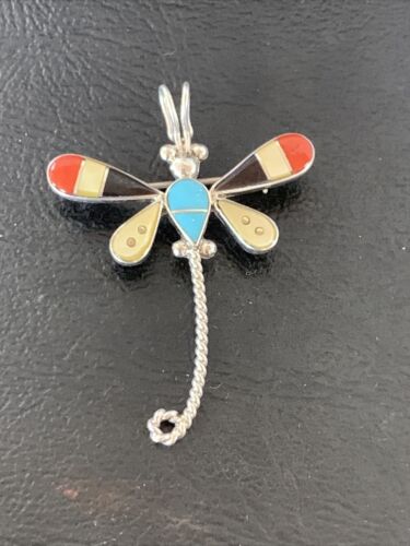 Zuni Turquoise Yellow Mother of Pearl Inlay Dragonfly Necklace Pin Pendant | Sterling Silver | 12323