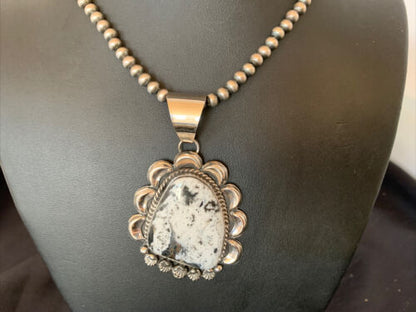 Navajo White Buffalo Turquoise Pendant | Sterling Silver | Authentic Native American Handmade | 11686