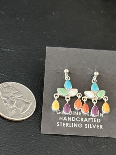 Navajo Multi-Color Turquoise Spiny Opal Inlay Sterling Earrings 1" | Handmade | 14410