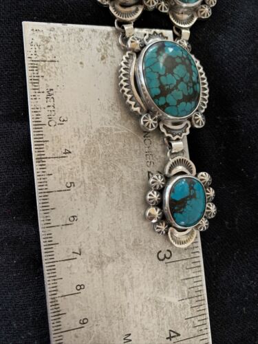 Navajo Lariat Spiderweb Turquoise Pendant Necklace | Sterling Silver | 25" | Authentic Native American Handmade | 01337