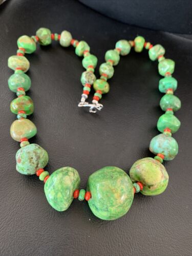 Southwestern Chunky Green Turquoise & Coral Necklace | Sterling Silver | Authentic Native American | 18" | 01843