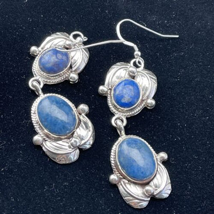 Southwestern Navajo Denim Lapis Dangle Earrings | Sterling Silver | 2" | 01796