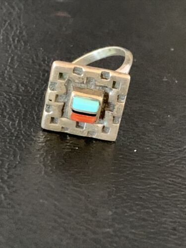 Native American Women's Navajo Blue Turquoise Coral Inlay Ring | Sz 8 | 13132