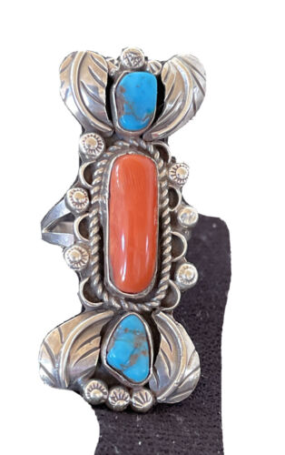 Navajo Kingman Turquoise & Coral Ring | Authentic Native American Sterling Silver | Multi-Stone | Sz 10 | 1292