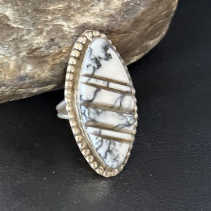 Navajo White Buffalo Turquoise Inlay Ring | Sterling Silver | Sz 8.5 | Authentic Native American Handmade | 14553