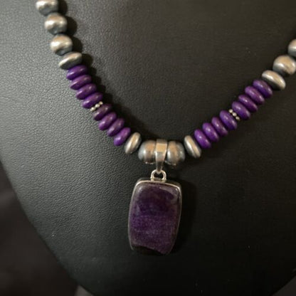Navajo Pearls Necklace with Purple Sugilite Pendant | Sterling Silver | Authentic Native American Handmade | 11337