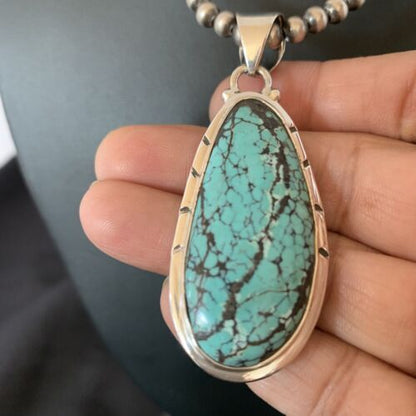 Men's Navajo Pearl Necklace with Blue Spiderweb Turquoise Pendant | Sterling Silver | 10538