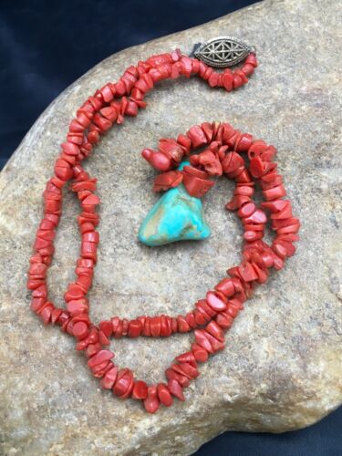 Native American Turquoise and Coral Pendant Necklace | Brass Old Pawn | 19" | 4007