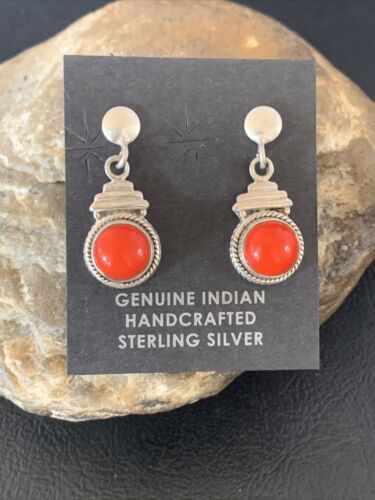 Native American Navajo Red Coral Dangle Earrings | Sterling Silver | 1" | 13113 - Masha USA