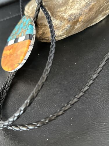 Men's Bolo Tie | Turquoise & Orange Spiny Oyster | Sterling Silver Tips | 14628
