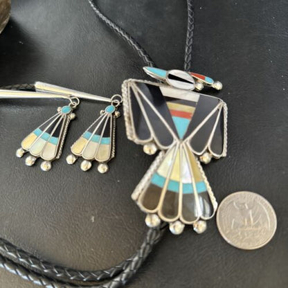 Men's Bolo Tie | Zuni Thunderbird Kingman Turquoise Inlay | Sterling Silver | 14232