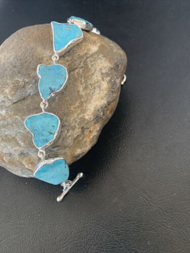 Navajo Blue Kingman Turquoise Link Bracelet | Sterling Silver | 8" | Authentic Native American Handmade | 11647