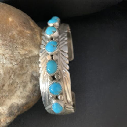 Navajo Blue Kingman Turquoise Cuff Bracelet | Sterling Silver | 7 Stone | Authentic Native American Handmade | 14212