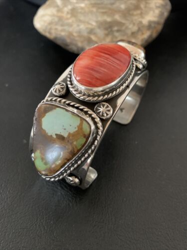 Navajo Green Royston Turquoise Spiny Oyster Cuff Bracelet | Sterling Silver | Authentic Native American Handmade | 1379
