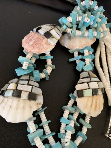 Native American Zuni Shell Pendants | Spiny Oyster & Blue Turquoise Necklace | 30" | 12520