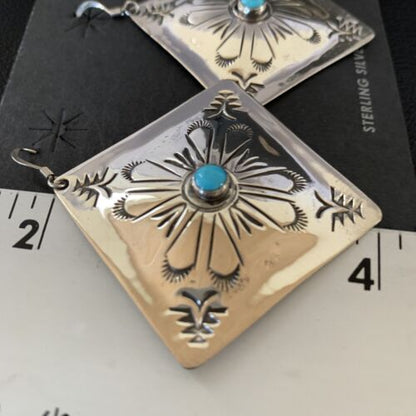 Navajo Blue Turquoise Earrings | Stamped Sterling Silver | Authentic Native American Handmade | 13322