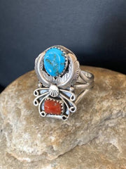 Authentic Navajo Kingman Turquoise & Coral Ring | Sterling Silver | Sz 14 | Native American Jewelry