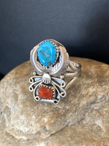 Southwestern Navajo Kingman Turquoise Coral Ring Sterling Silver Size 14 107