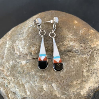 Old Pawn Zuni Multi-Color Turquoise Onyx Inlay Earrings | Sterling Silver | Authentic Native American Handmade | 2043