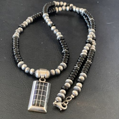 Navajo Black Onyx Inlay Pendant | Sterling Silver Necklace with Pearls | Authentic Native American Handmade | 12282