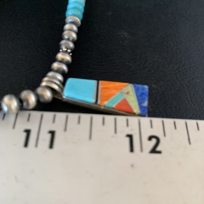 Navajo Sterling Silver Necklace | Blue Turquoise Coral Inlay Pendant | Southwestern |13841
