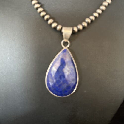 Men's Navajo Pearls Necklace with Faceted Lapis Pendant | Sterling Silver | Authentic Native American Handmade | 14469