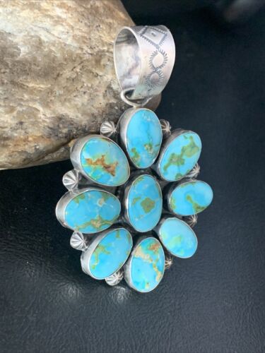 Navajo Blue Sonoran Gold Turquoise Cluster Pendant | Authentic Native American Sterling Silver | Multi-Stone | 14071