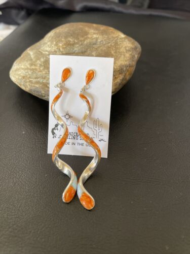 Navajo Snake Swirl Earrings | Orange Spiny Opal Inlay | Sterling Silver | 3.25" | 1548