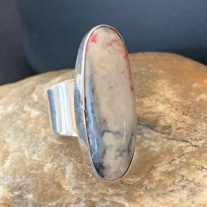 Native American Men's Navajo Cinnabrite Ring | White Black | Sterling Silver | Sz 7.5 | 1555