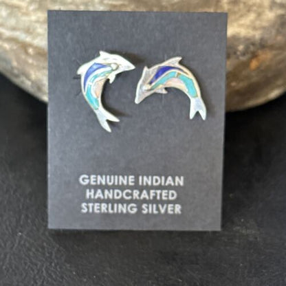 Navajo Multi-Color Dolphin Earrings | Turquoise Lapis Inlay | Sterling Silver | Authentic Native American Handmade | 14657