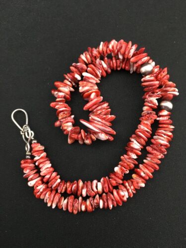 Navajo Red Spiny Oyster Necklace | Sterling Silver | Authentic Native American | 18" | 4767