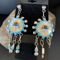 Zuni Sun Face Kingman Turquoise & Yellow Mother of Pearl Dangle Earrings | Sterling Silver | 12126