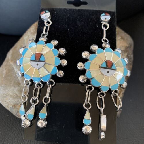 Zuni Sun Face Kingman Turquoise & Yellow Mother of Pearl Dangle Earrings | Sterling Silver | 12126