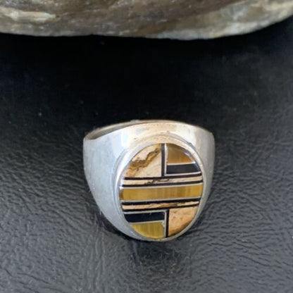 Men's Navajo Black Onyx & Tigers Eye Inlay Sterling Silver Ring | Sz 10 | Handmade Jewelry | 10730